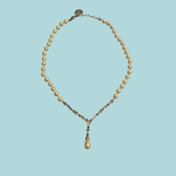 Crown Trifari Faux Pearl Rhinestone Drop Necklace - Picture 13 of 13